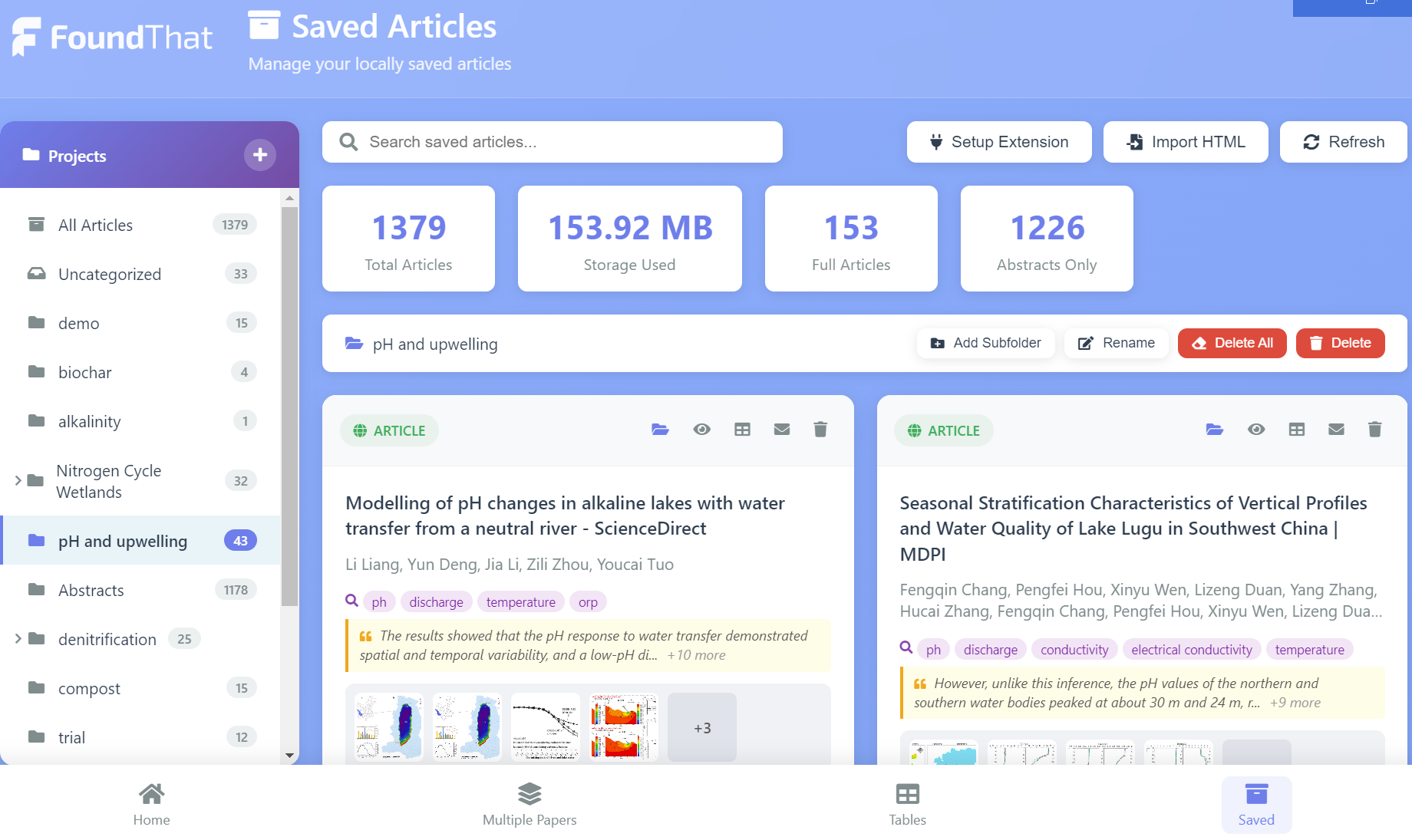 FoundThat Saved Articles view — manage and export your locally saved papers.