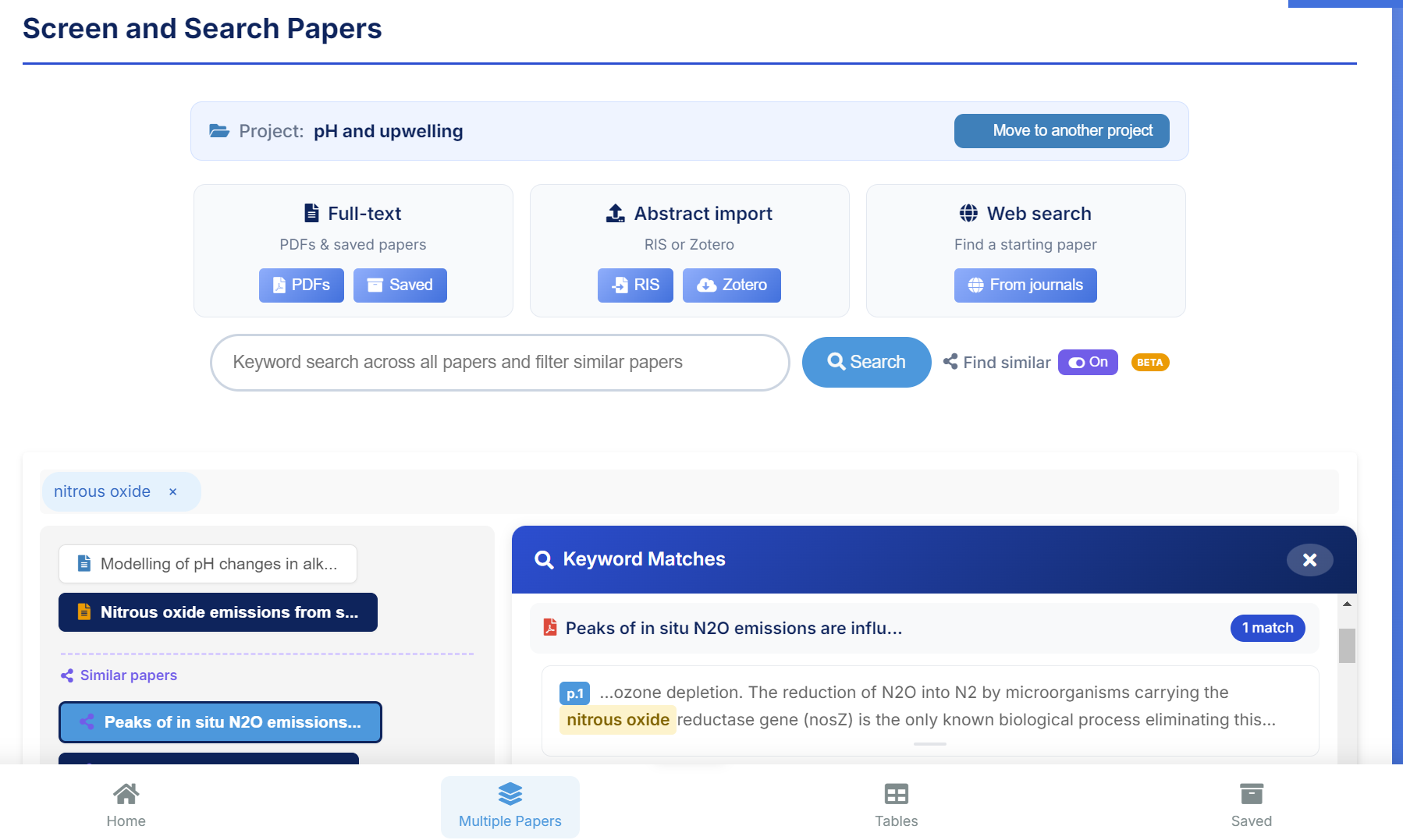 FoundThat Screen and Search Papers view — keyword search across full text and similar papers.